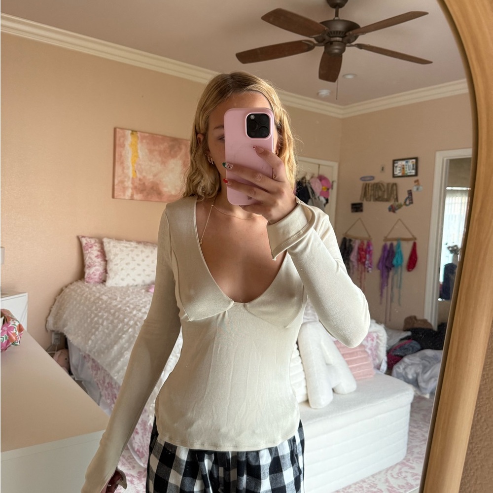 Free People Cream Long Sleeve Crop Top